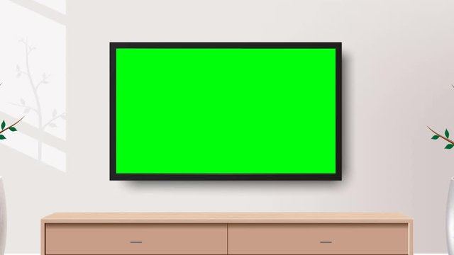 Zoom out Shot of a TV with Horizontal Green Screen Mock Up