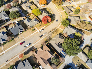 Straight down view new development neighborhood near Dallas, Texas with colorful autumn leaves - obrazy, fototapety, plakaty