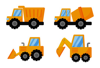 tractor, excavator, bulldozer and trucks. construction equipment and machinery isolated on white background. illustration vector.  