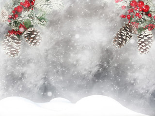 winter christmas background with snow and fir branches frame