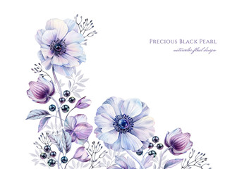 Watercolor white anemones with black pearls. Hand-painted realistic botanical floral illustration. Purple corner border isolated on white for wedding stationery design, card printing, banners