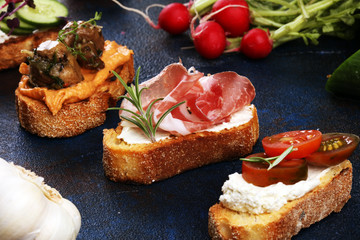 Assorted bruschetta with various toppings. Appetizing bruschetta or brie crostini. Variety of small sandwiches. Mix bruschetta on table