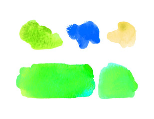 Set of watercolor elements in bright colors. Vector textured illustration. Abstract aquarelle stains isolated on white background. Hand drawn paint blotch for your design, logo, emblem, banner.