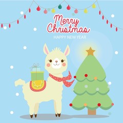 cute llama in Christmas greeting card