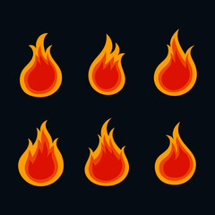 set of fire flames icons isolated on blue background. vector Illustration.