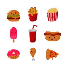 set of cute funny fast food kawaii style icons isolated on white background. illustration vector.  