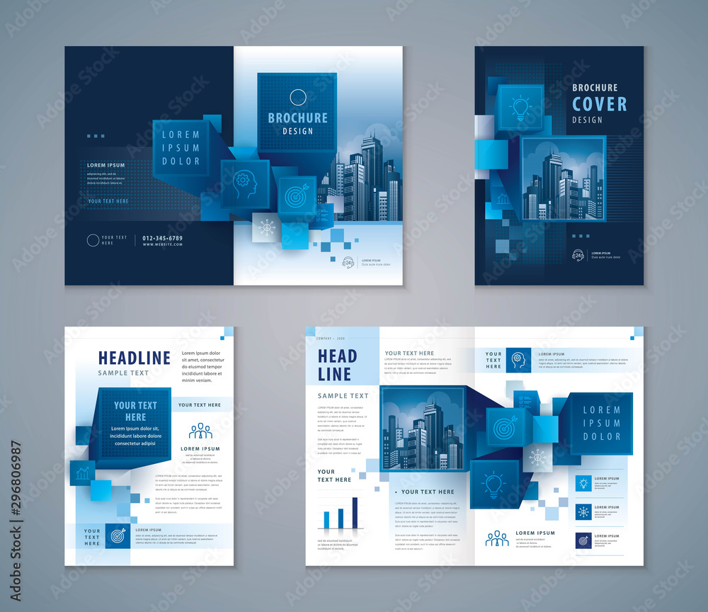 Wall mural cover book design set, abstract 3d cube blocks background vector template brochures