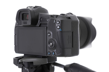 Close-up of back part with buttons of modern black camera isolated