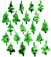 Hand Drawn Abstract Christmas Tree Watercolor Set