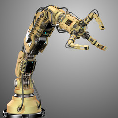 Very detailed robotic arm. Yellow mechanical hand. Industrial robot manipulator. Futuristic industrial technology. Isolated on gray background. 3D Render