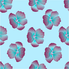 Seamless wild floral pattern with nasturtium. Hibiscus flowers on light blue background. Botanical Motifs scattered random. Texture for fashion print. Beautiful exotic plant. Vector illustration.