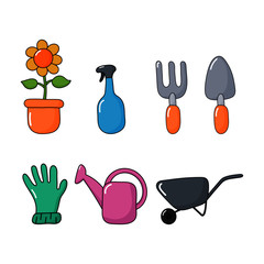 set of cute funny garden tools icons kawaii style icons isolated on white background. illustration vector.