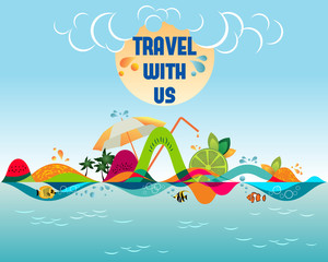 Travel with us - colorful creative banner, vector illustration