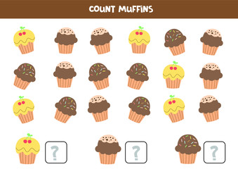 Educational worksheet for kids. Count each muffin. Math game for kids. 