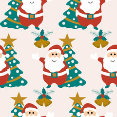 Funny Santa and christmas tree in a seamless pattern design