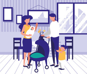 couple of parents and children in living room