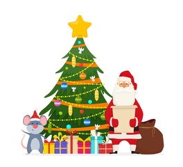 Cartoon Christmas characters. Santa Claus and cute mouse standing with Xmas tree with gifts. Vector illustration on white background for holiday Christmas and New Year.