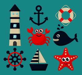 Fototapeta na wymiar nautical set icons cartoon style. isolated on blue background. vector illustration.