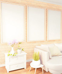 Obraz na płótnie Canvas Mock up poster frame Yellow sofa on loft room interior design, brick wall design.3D rendering