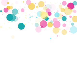 Memphis round confetti festive background in cyan blue, pink and yellow. Childish pattern vector.