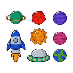 set of kawaii space icons. planets cartoon style. isolated on white background. vector illustration.