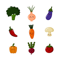set of cute funny vegetable kawaii style icons isolated on white background. illustration vector.  