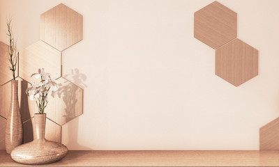 Hexagon tiles wooden and wooden vase decoration on floor wooden earth tone.3D rendering
