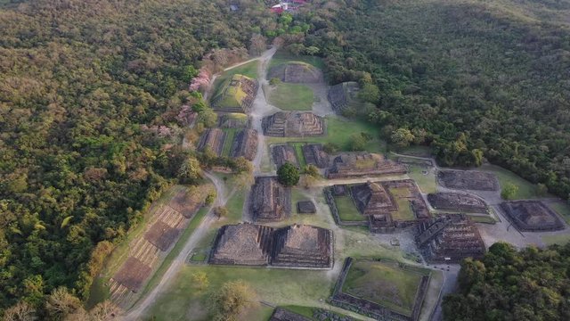Pyramids El Taj&iacute;n an ancient town in Veracruz Mexico is a beautiful UNESCO archeological site. Religious temples, pyramids and town served to Totonacas tribe.  Flying forward aerial drone video in 4K.