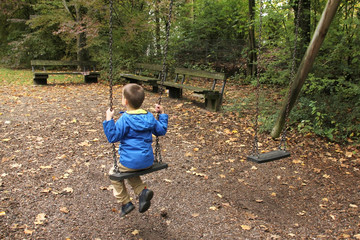 lonely child in a blue jacket swinging on a swing in a park in an autumn park, the concept of...
