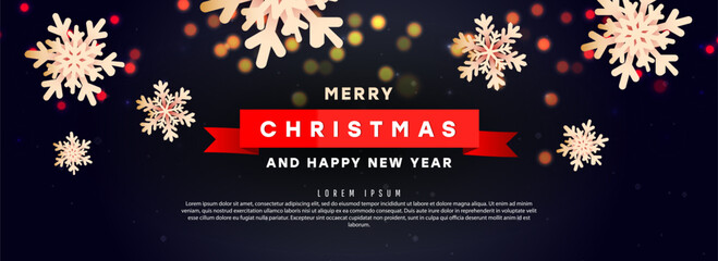 Christmas background with a red ribbon, volumetric snowflakes and glitter decor on a dark black background.