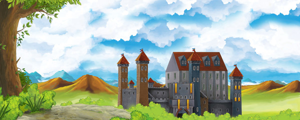 Cartoon nature scene with beautiful castle near the forest - illustration for the children