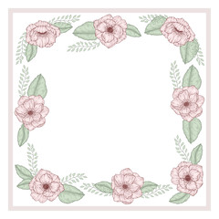 Template for greeting wedding invitation card with hand drawn flowers wild roses and green leaves vector illustration