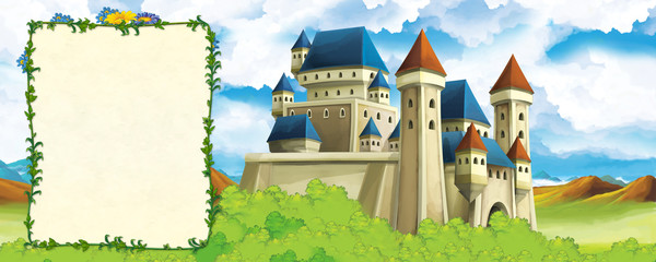 Cartoon nature scene with beautiful castle near the forest with frame for text - title page - illustration for the children