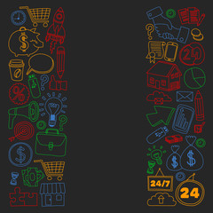 Business and management background. Pattern with finance icons. Conceptual illustration of projects organization, risk, development. Team working, budget planning.