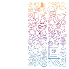 Cinema vector icons. Background with popcorn, movie illustration, musical notes.