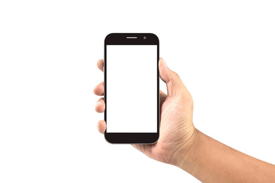 hand holding black smartphone with blank screen isolated on white