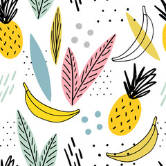 Hand drawn fruits seamless pattern for print, fabric, textile. Modern kids background with decorative fruits ananas, bananas. - 296817985