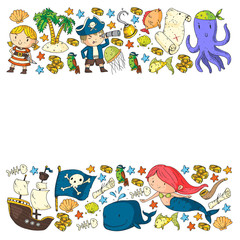 Pirate party. Illustrations for little children. Kids birthday celebration with treasure island, octopus, pirates