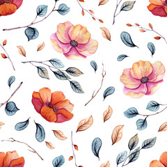 Seamless Pattern of Watercolor Autumn Flowers and Little Leaves