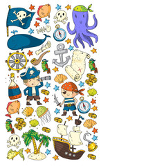 Pirate party. Illustrations for little children. Kids birthday celebration with treasure island, octopus, pirates