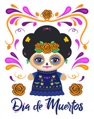 Dia de Muertos, Day of the Dead Spanish text Classic Mexican Catrina Doll and ornaments.