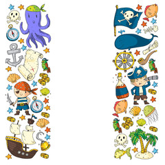 Pirate party. Illustrations for little children. Kids birthday celebration with treasure island, octopus, pirates