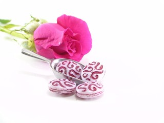 Oval glass beads and pink rose on white background. Jewelry making hobby, handmade,craft concept.