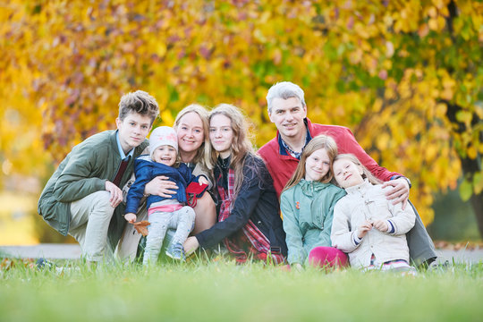 Big Family With Many Children Outdoors