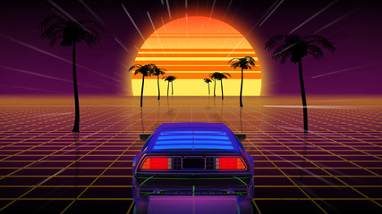 3D rendering bright retro futuristic world of computer space in the style of science fiction of the 80s. Futuristic car in virtual space - obrazy, fototapety, plakaty