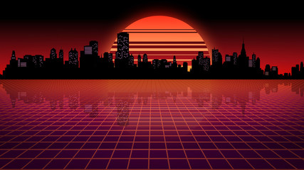 3D rendering retro futuristic background. Virtual space on the background of the stars and the city
