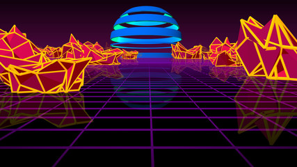 3D rendering retro futuristic bright background with a grid. 80s graphic design, retro fantasy