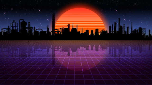 3D rendering retro futuristic background. Virtual space on a background of a star and an industrial zone