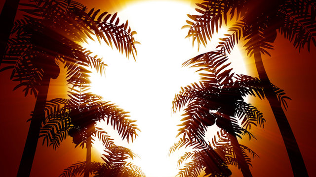 3D rendering retro futuristic background with palm trees on a background of the sun. 80s style computer graphics