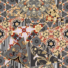 Abstract ethnic spanish patchwork tile wallpaper, vector seamless pattern.